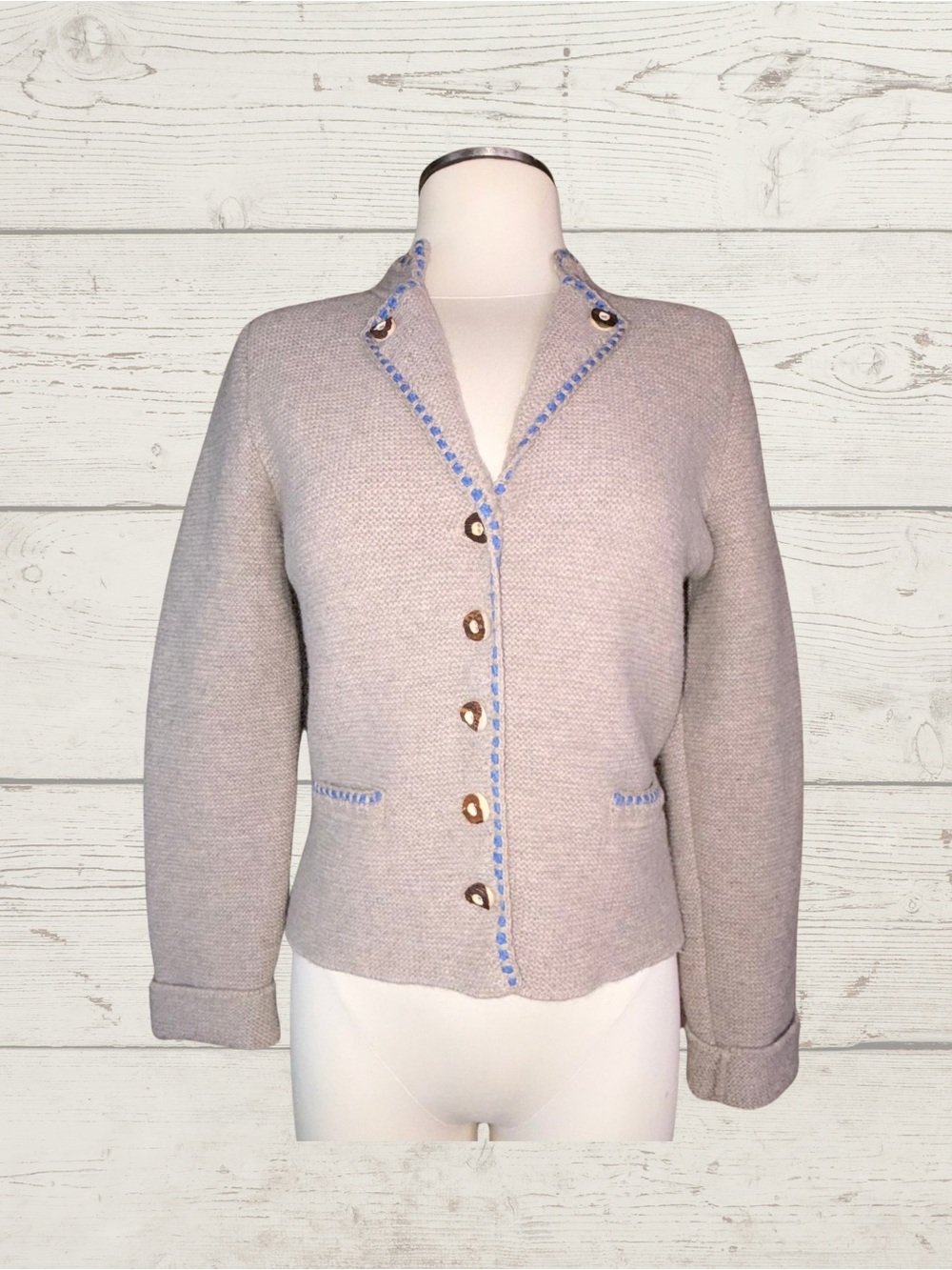 Loden Plankl Austrian Trachten Merino Wool Knit Cardigan Sweater Blue Trim 36